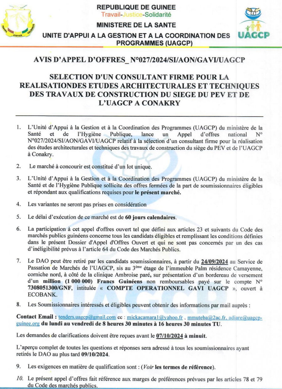 Avis D’appel D’offres Pour La Sélection D’un Consultant Firme Pour La Réalisations Etudes Architecturales Et Techniques Des Travaux De Construction Du Siege Du PEV Et De L’UAGCP A Conakry | Page 1