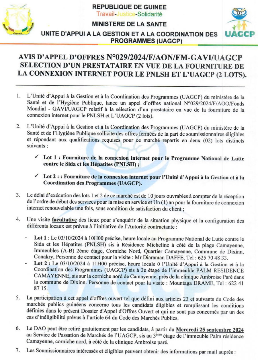 Avis D’appel D’offres Pour La Sélection D’un Prestataire En Vue De La Fourniture De La Connexion Internet Pour Le PNLSH Et L’UAGCP (2 LOTS) | Page 1