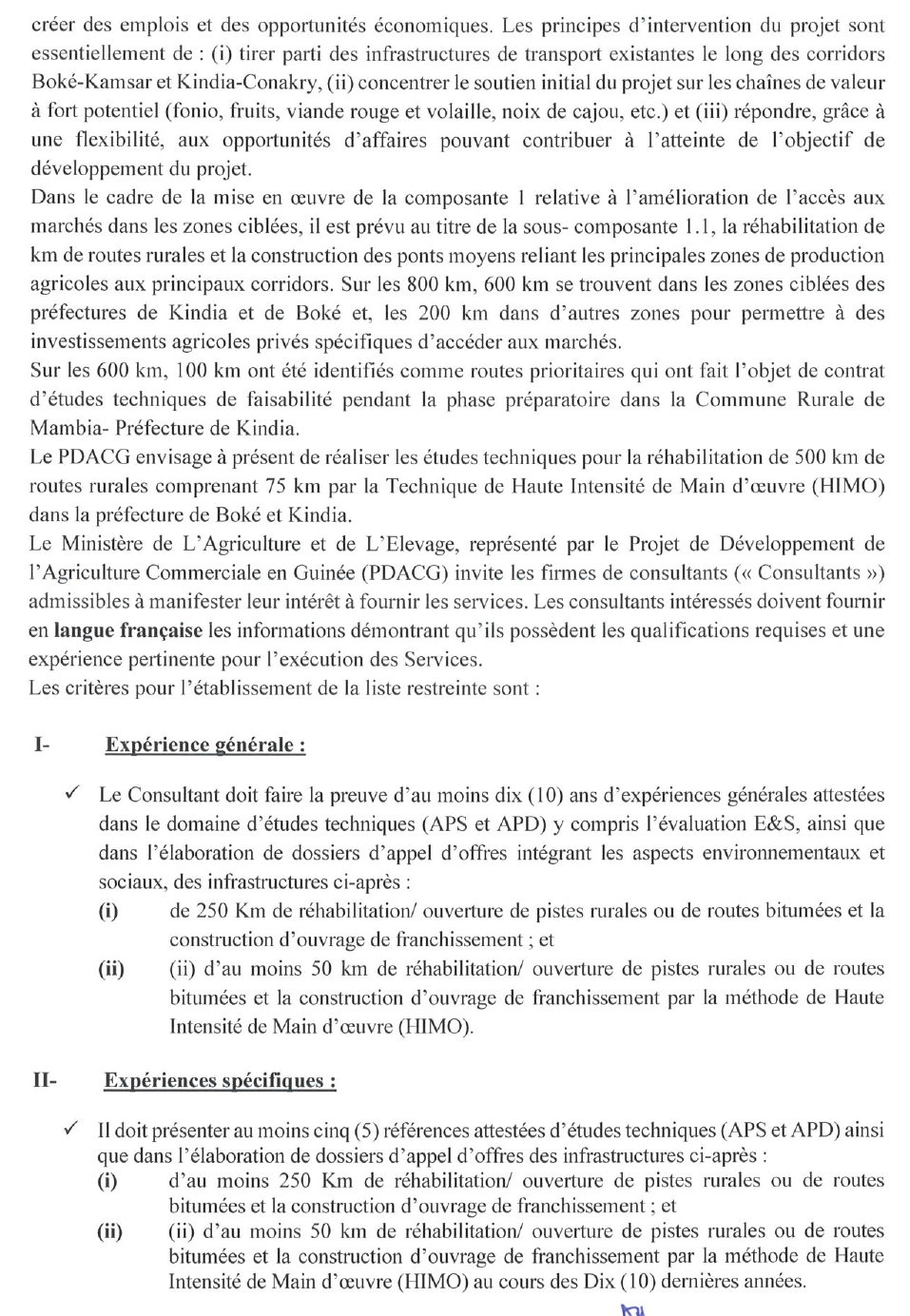 Avis A Manifestation D'intérêt Pour Le Recrutement D’un Cabinet/Firme Pour La Réalisation Des Etudes Techniques D’APS, D’APD Et L’élaboration Du Dossier D’appel D’offres Pour La Réhabilitation De 500 Km De Routes Rurales Et La Construction Des Ouvrages De Franchissement Dans Les Préfectures De Boké Et KINDIA | Page 2