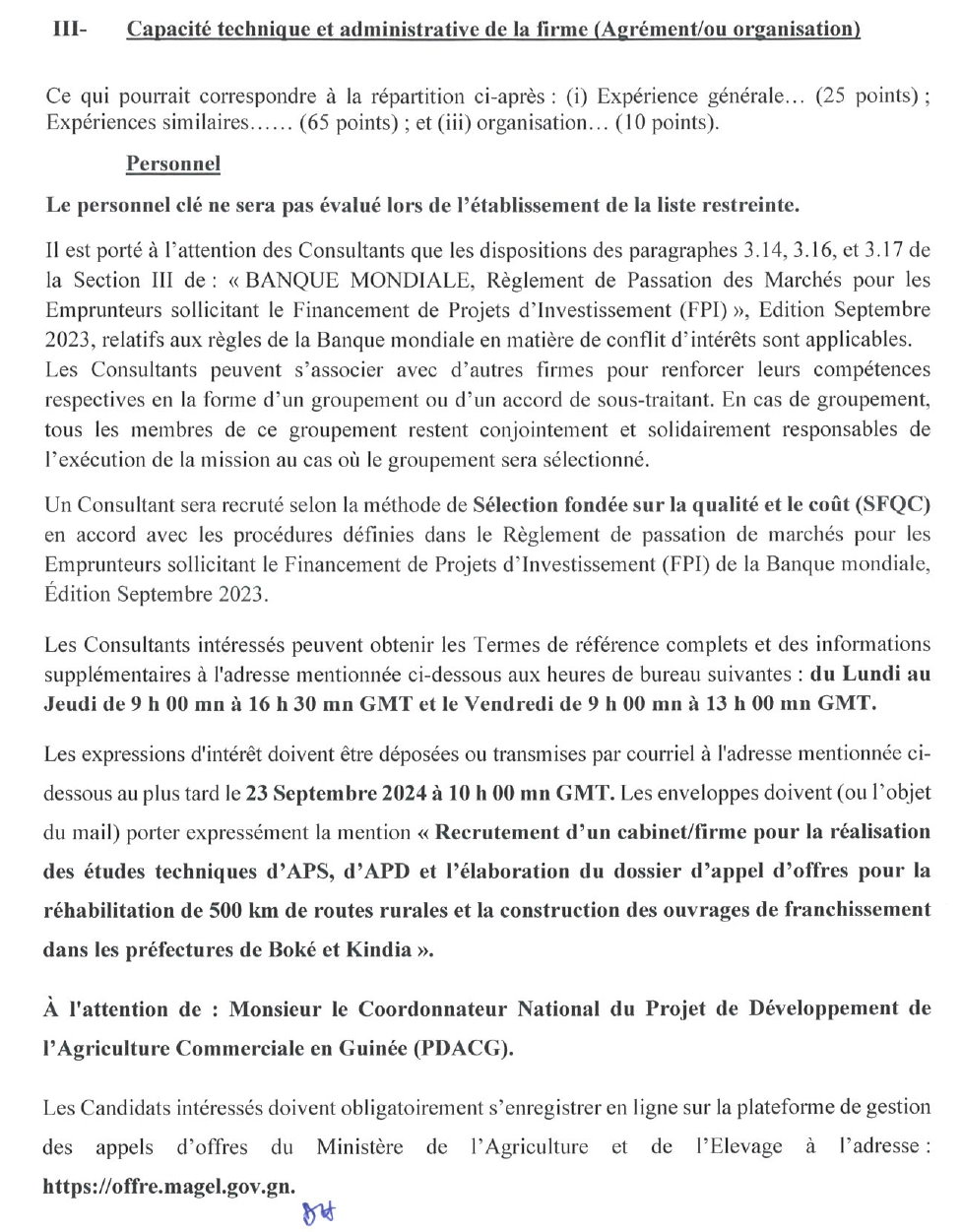 Avis A Manifestation D'intérêt Pour Le Recrutement D’un Cabinet/Firme Pour La Réalisation Des Etudes Techniques D’APS, D’APD Et L’élaboration Du Dossier D’appel D’offres Pour La Réhabilitation De 500 Km De Routes Rurales Et La Construction Des Ouvrages De Franchissement Dans Les Préfectures De Boké Et KINDIA | Page 3