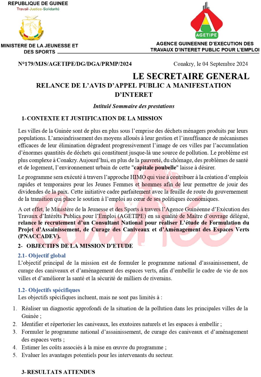 Relance de l'avis d'appel public à manifestation d'intérêt pour le recrutement d’un Consultant National pour réaliser L’étude de Formulation du Projet d’Assainissement, | Page 1