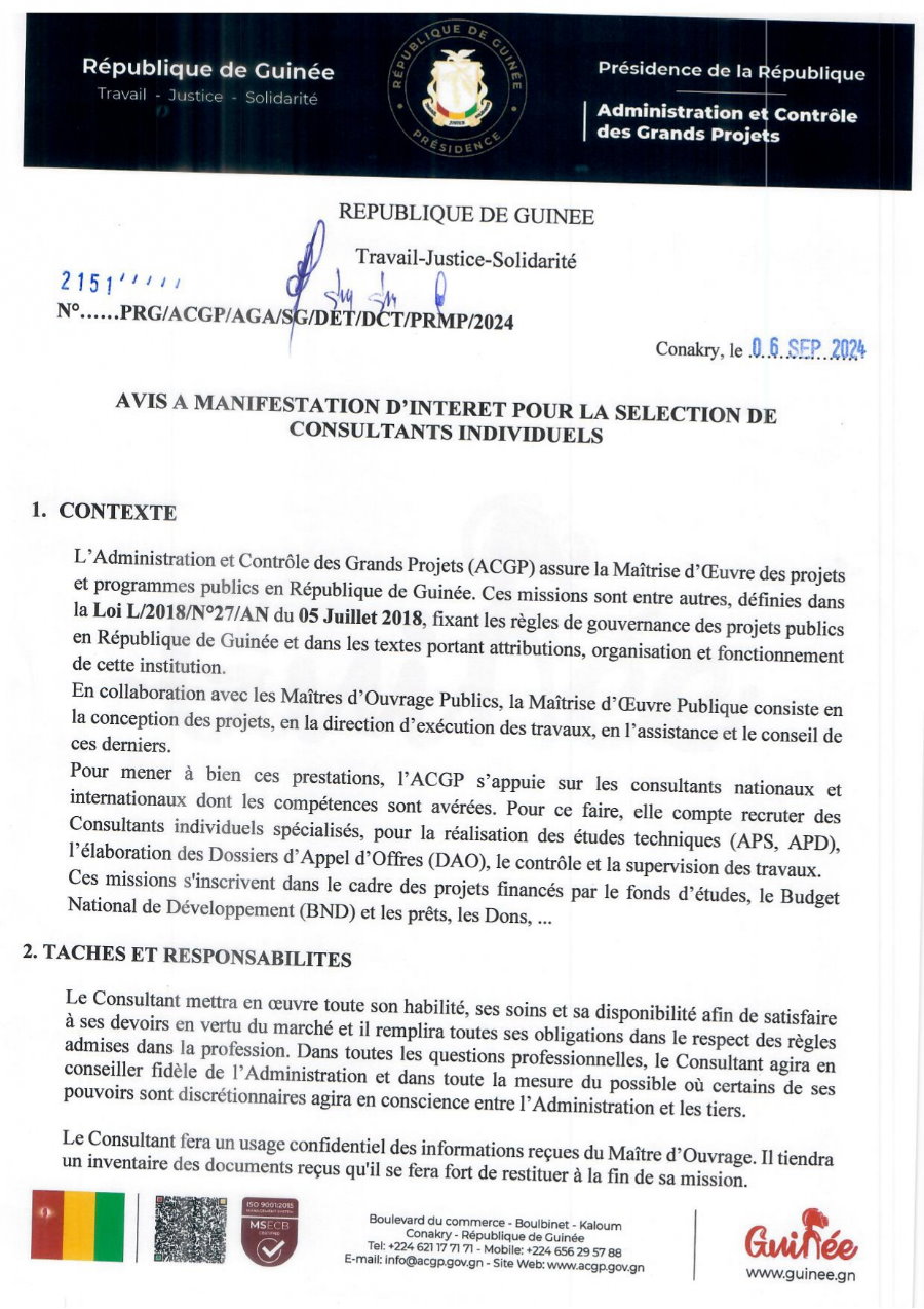 Avis à manifestation d'intérêt pour la sélection de Consultants individuels spécialisés, pour la réalisation des études techniques (APS, APD), l’élaboration des Dossiers d’Appel d’Offres (DAO), le contrôle et la supervision des travaux | Page 1