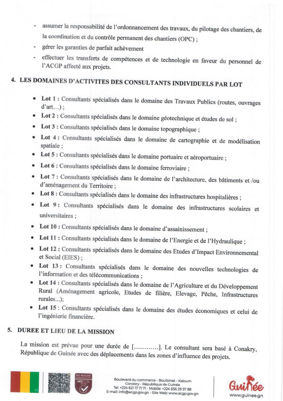 Avis à manifestation d'intérêt pour la sélection de Consultants individuels spécialisés, pour la réalisation des études techniques (APS, APD), l’élaboration des Dossiers d’Appel d’Offres (DAO), le contrôle et la supervision des travaux | Page 3