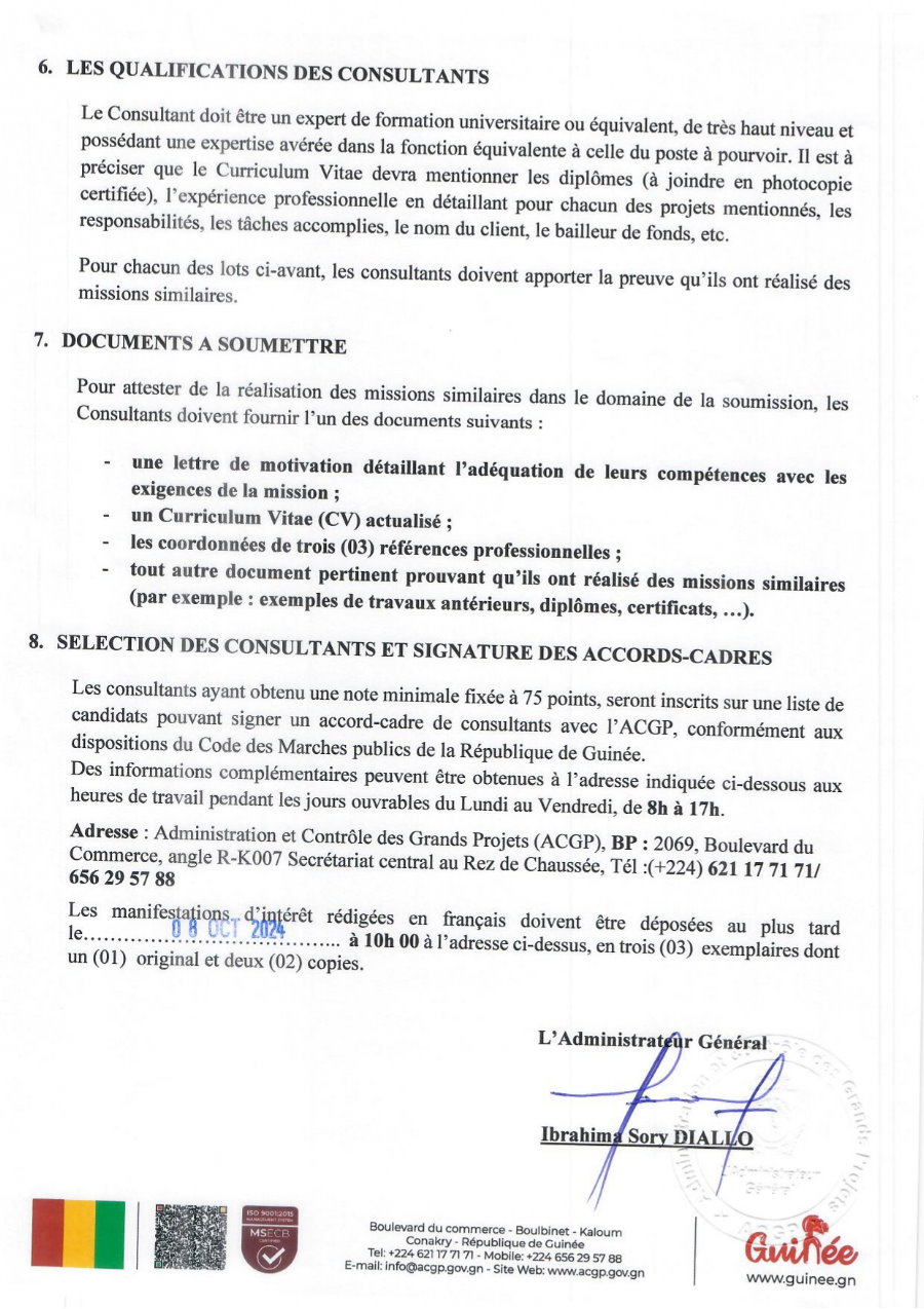 Avis à manifestation d'intérêt pour la sélection de Consultants individuels spécialisés, pour la réalisation des études techniques (APS, APD), l’élaboration des Dossiers d’Appel d’Offres (DAO), le contrôle et la supervision des travaux | Page 4