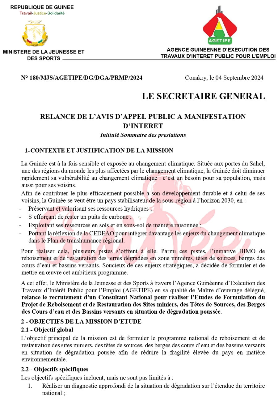 Relance le recrutement d’un Consultant National pour réaliser l’Etudes de Formulation du Projet de Reboisement et de Restauration des Sites miniers, des Têtes de Sources, des Berges des Cours d’eau et des Bassins versants en situation de dégradation poussée | Page 1