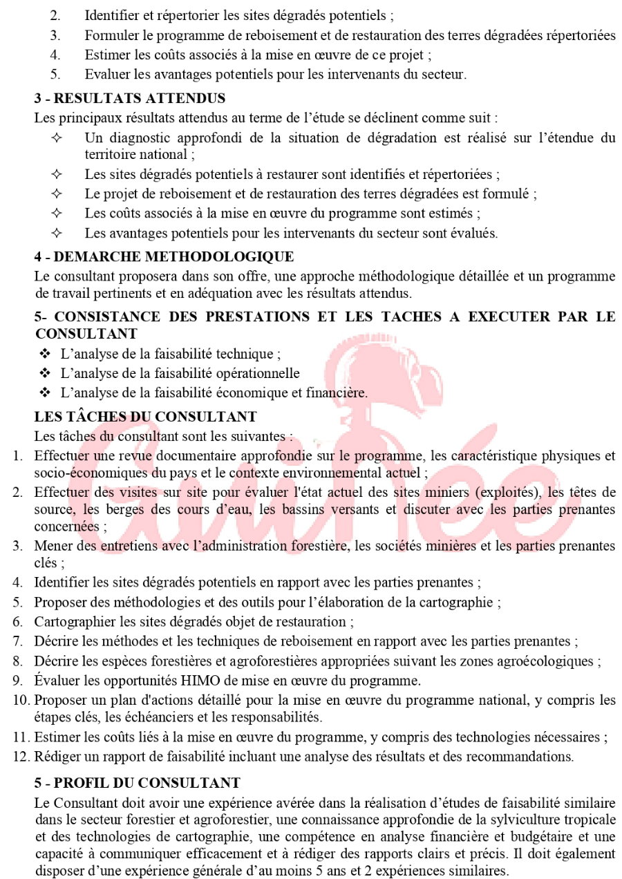 Relance le recrutement d’un Consultant National pour réaliser l’Etudes de Formulation du Projet de Reboisement et de Restauration des Sites miniers, des Têtes de Sources, des Berges des Cours d’eau et des Bassins versants en situation de dégradation poussée | Page 12