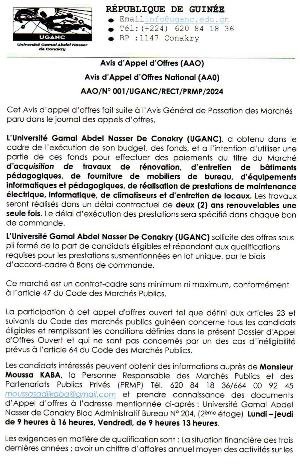 Avis d'appels d'offres pour le Marché d'acquisition de travaux de rénovation, d'entretien de bâtiments pédagogiques, de fourniture de mobiliers de bureau, d'équipements informatiques et pédagogiques, de réalisation de prestations de maintenance électrique, informatique, de climatiseurs et d'entretien de locaux | Page 1