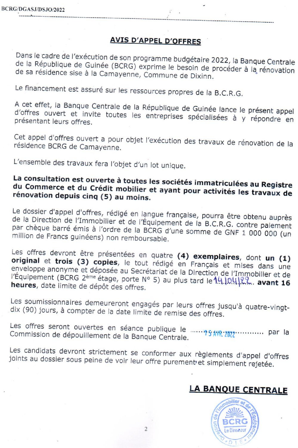 Avis d'appel d'offres pour la rénovation de la résidence de la BCRG sise à la Camayenne, Commune de Dixinn