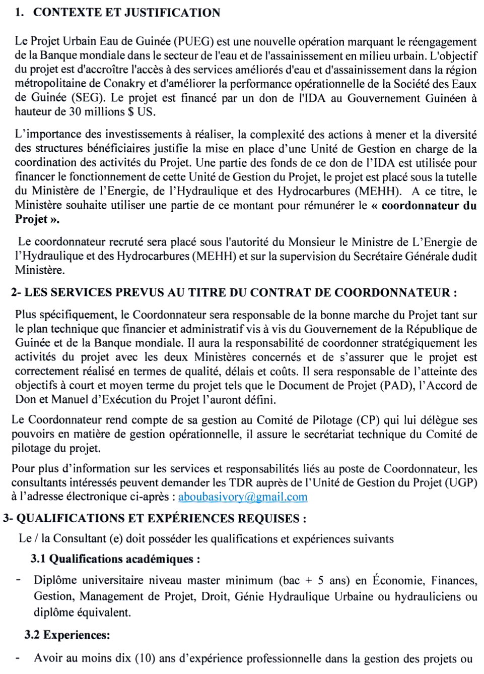 AVIS A MANIFESTATION D’INTERET POUR LE RECRUTEMENT D’UN COORDONNATEUR POUR LEPROJET URBAIN EAU DE GUINEE (PUEG) | Page 2