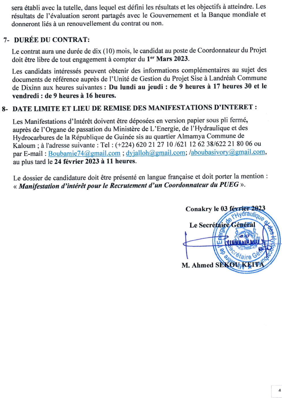 AVIS A MANIFESTATION D’INTERET POUR LE RECRUTEMENT D’UN COORDONNATEUR POUR LEPROJET URBAIN EAU DE GUINEE (PUEG) | Page 4
