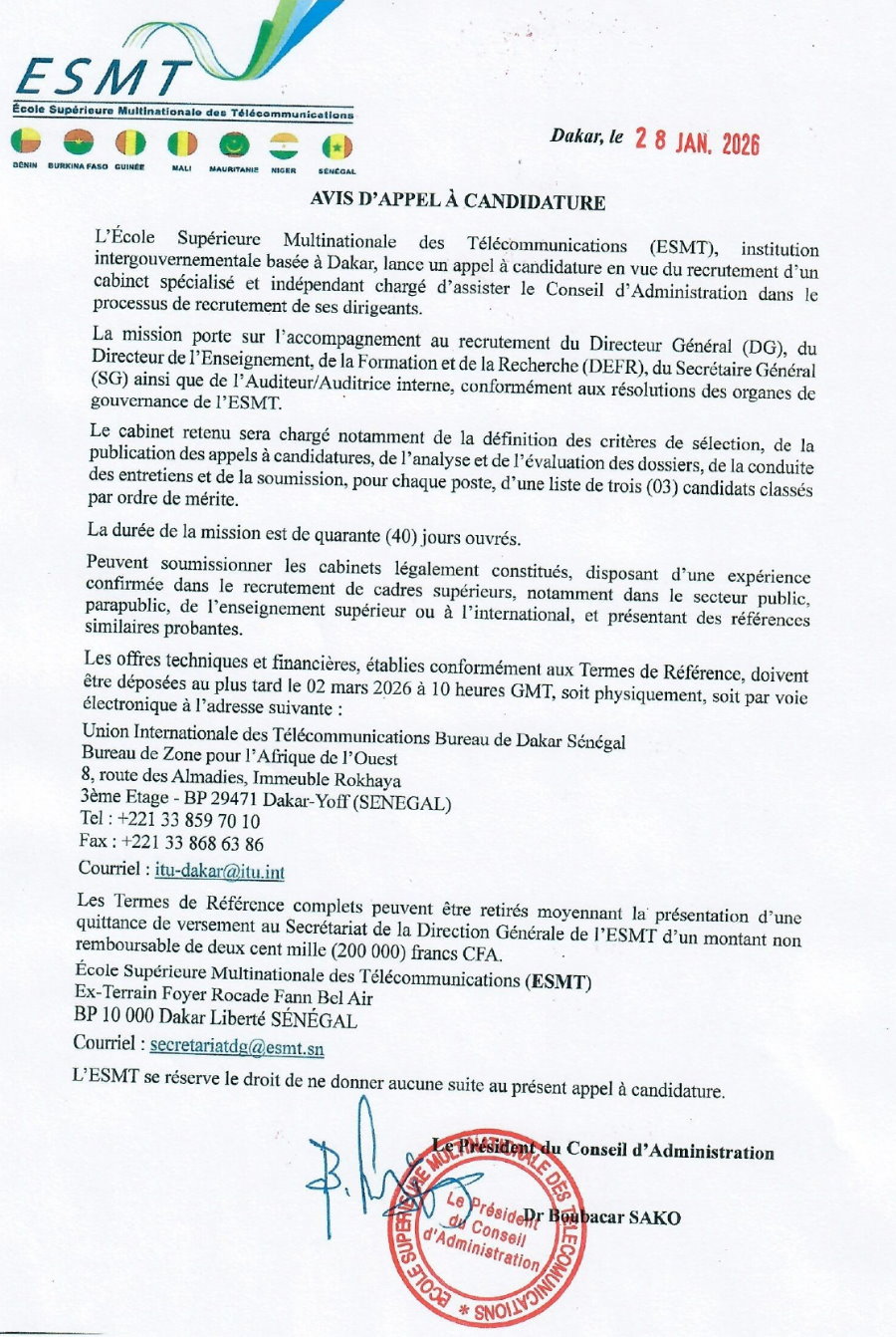 Avis d’appel d’offres pour le recrutement d’un cabinet spacialisé et indépendant chargé d’assister le Conseil d’Administration dans le processus de recrutement de ses dirigeants | page 1