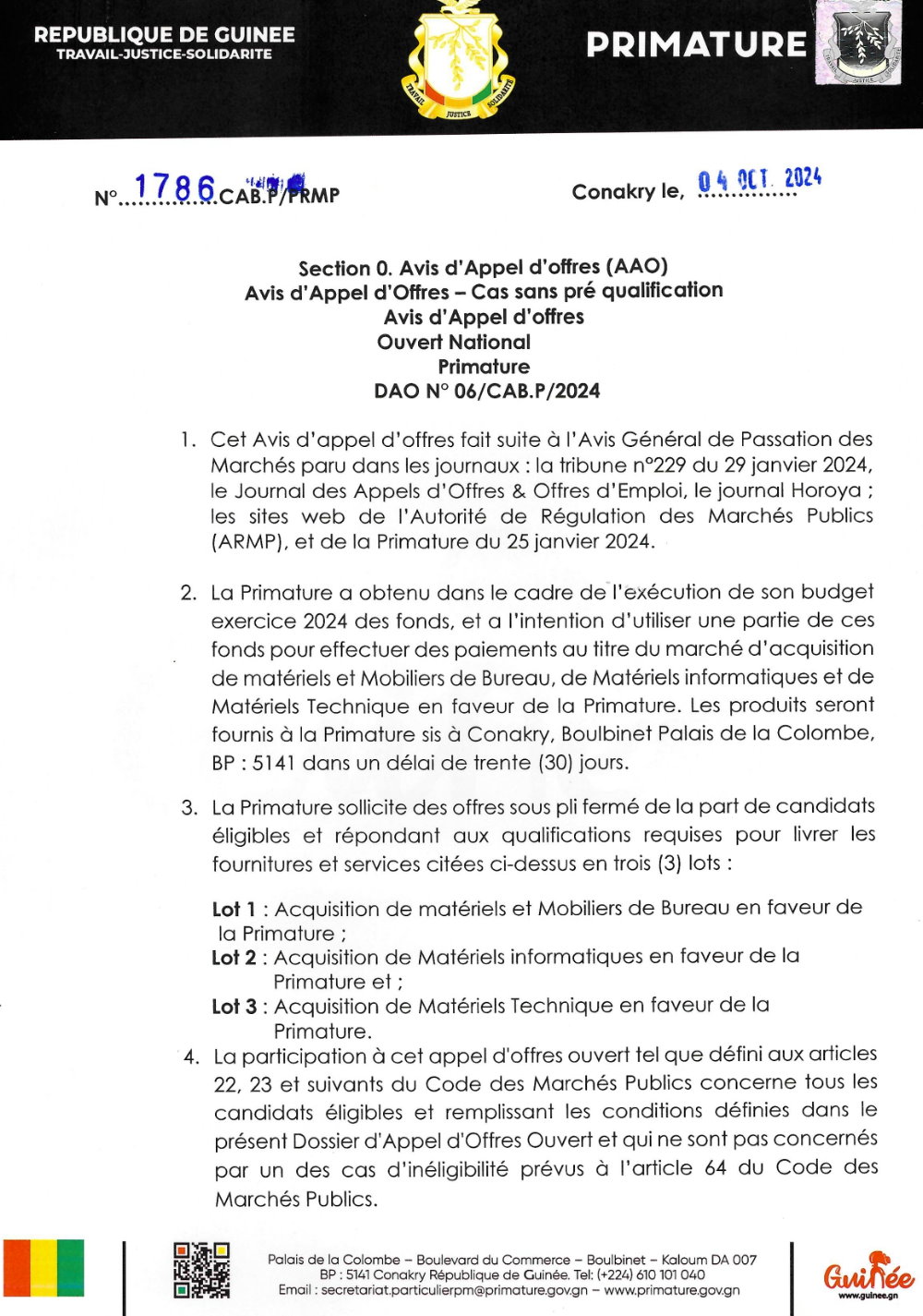 Avis d'appel d'offres ouvert national pour le marche d'acquisition de materiels et Mobiliers de Bureau, de Materiels informatiques et de Materiels Technique en faveur de la Primature | Page 1