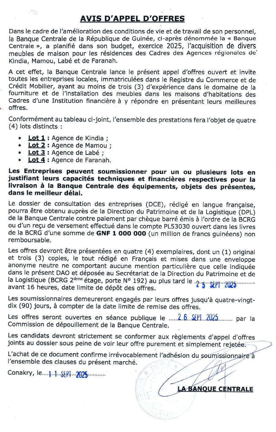 Avis d'appel d'offres pour la fourniture et de l'installation des meubles dans les maisons d'habitations des Cadres d'une Institution financière | Page 1