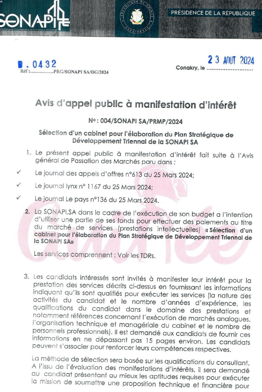 Avis d’appel public à manifestation d’intérêt pour la Sélection d’un cabinet pour l’élaboration du Plan Stratégique de Développement Triennal de la SONAPI SA | Page 1