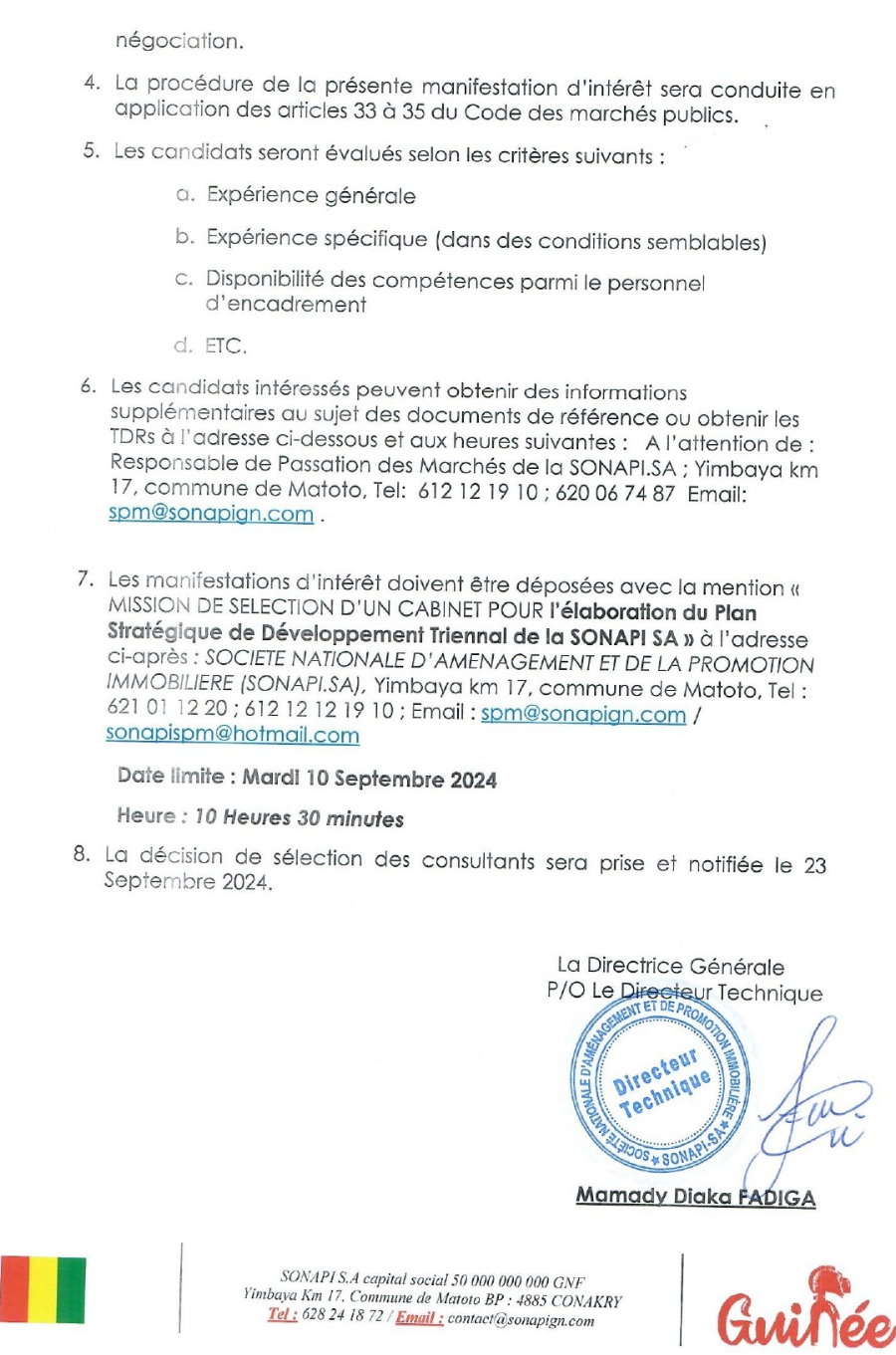 Avis d’appel public à manifestation d’intérêt pour la Sélection d’un cabinet pour l’élaboration du Plan Stratégique de Développement Triennal de la SONAPI SA | Page 2