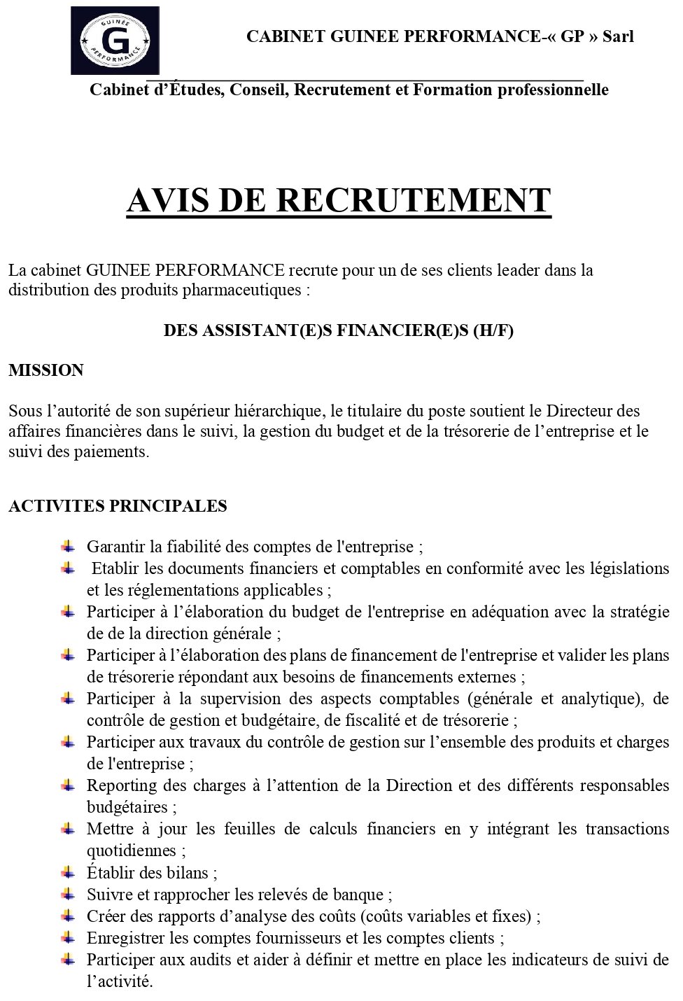 AVIS DE RECRUTEMENT D'UN(E) DES ASSISTANT(E)S FINANCIER(E)S (H/F) | Page 1