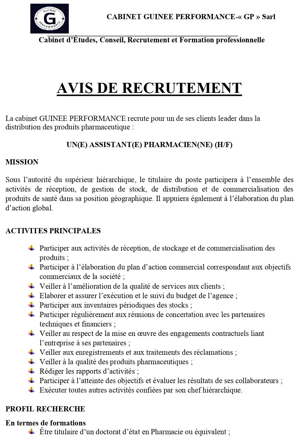 AVIS DE RECRUTEMENT D'UN(E) ASSISTANT(E) PHARMACIEN(NE) (H/F) | Page 1