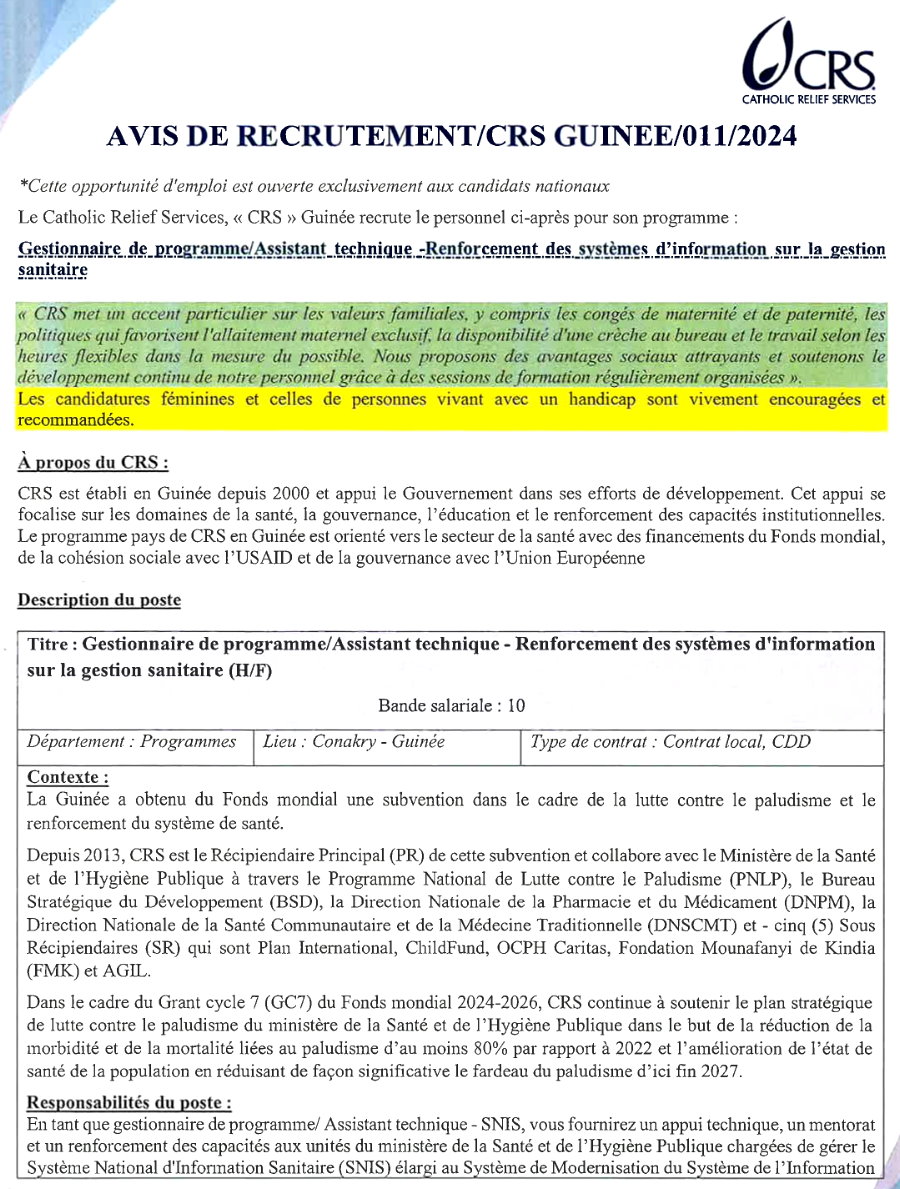 Recrutement de Gestionnaire de Programme pour CRS Guinée | Page 1