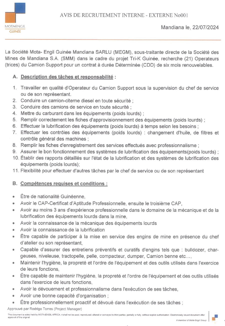 AVIS DE RECRUTEMENT DE (21) OPERATEURS (TRICES) DU CAMION SUPPORT POUR UN CONTRAT À DURÉE DÉTERMINÉE (CDD) | Page 1