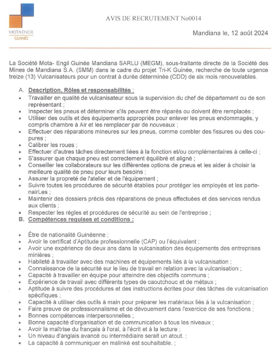 Avis de recrutement de treize (13) Vulcanisateurs pour un contrat à durée déterminée (CDD) | Page 1