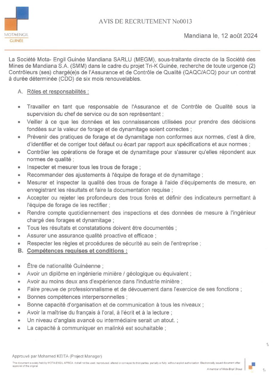 Avis de recrutement de (2) Contrôleurs (ses) chargé(e)s de l'Assurance et de Contrôle de Qualité (QAQC/ACQ) | Page 1