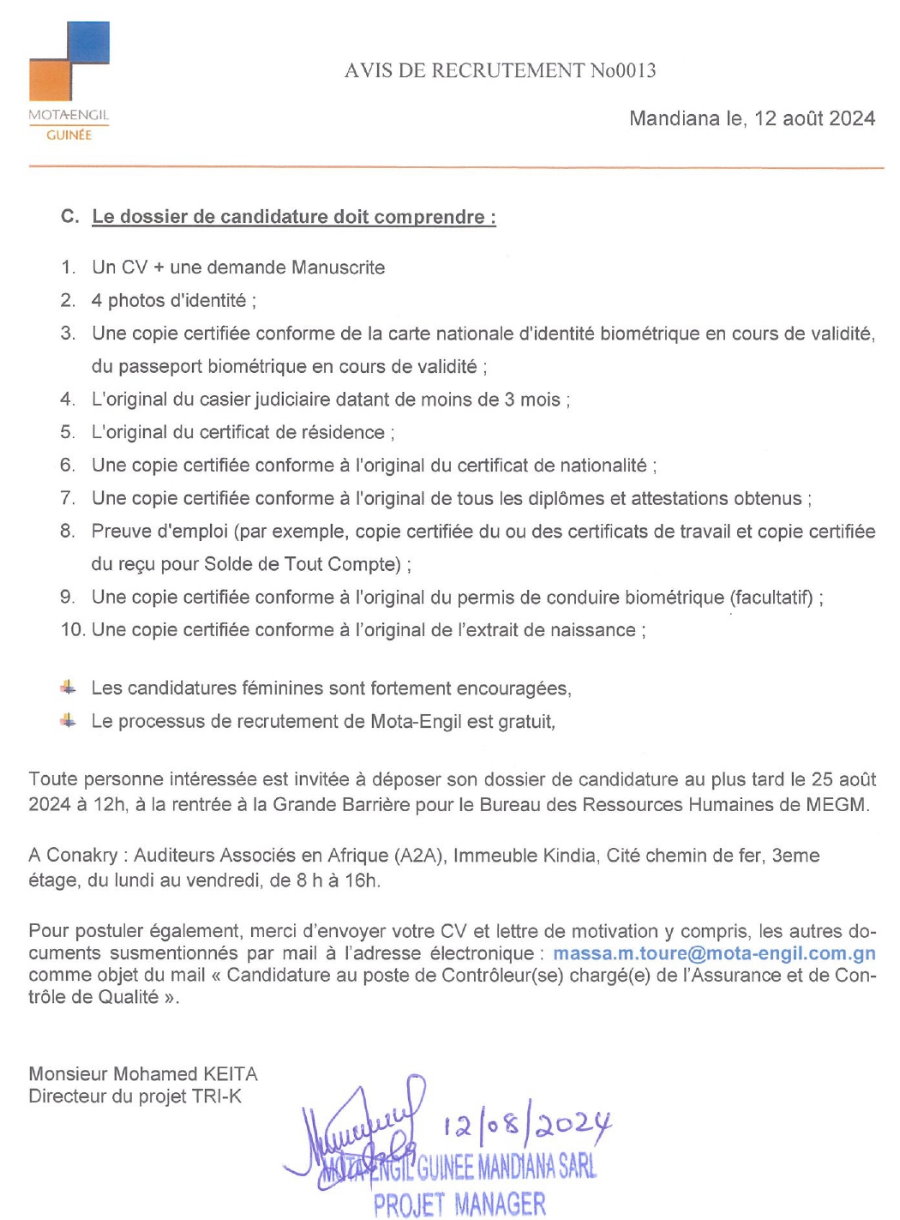 Avis de recrutement de (2) Contrôleurs (ses) chargé(e)s de l'Assurance et de Contrôle de Qualité (QAQC/ACQ) | Page 2