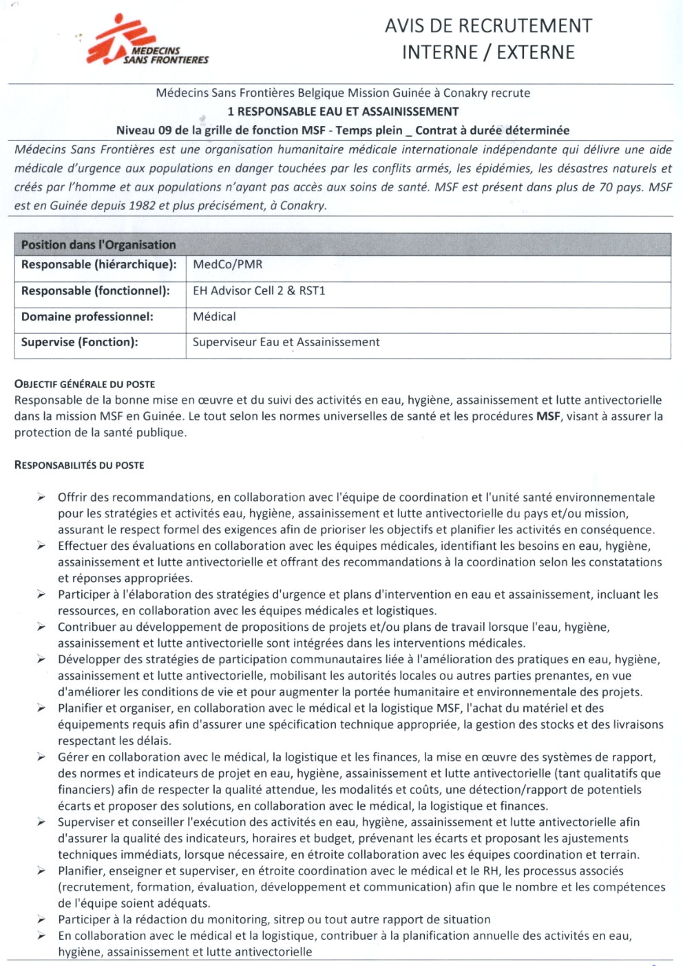 AVIS DE RECRUTEMENT D'UN (1) RESPONSABLE EAU ET ASSAINISSEMENT | Page 1
