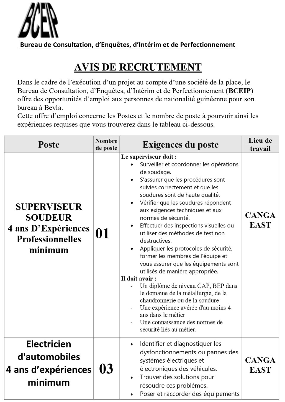 Avis de recrutement de plusieurs poste BCEIP  | Page 1