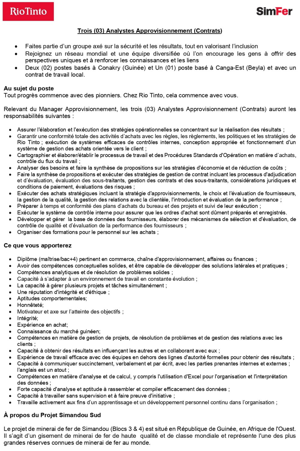 Trois (03) Analystes Approvisionnement (Contrats) | Page 1