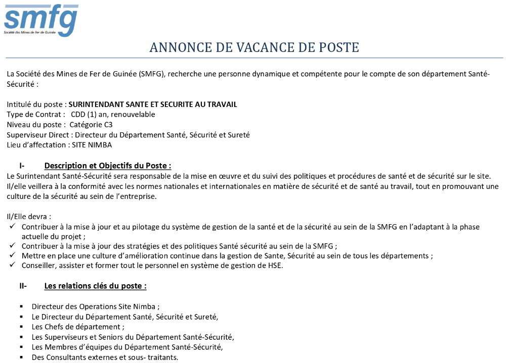 SMFG Recrute un Surintendant Santé Et Sécurité Au Travail | Page 1