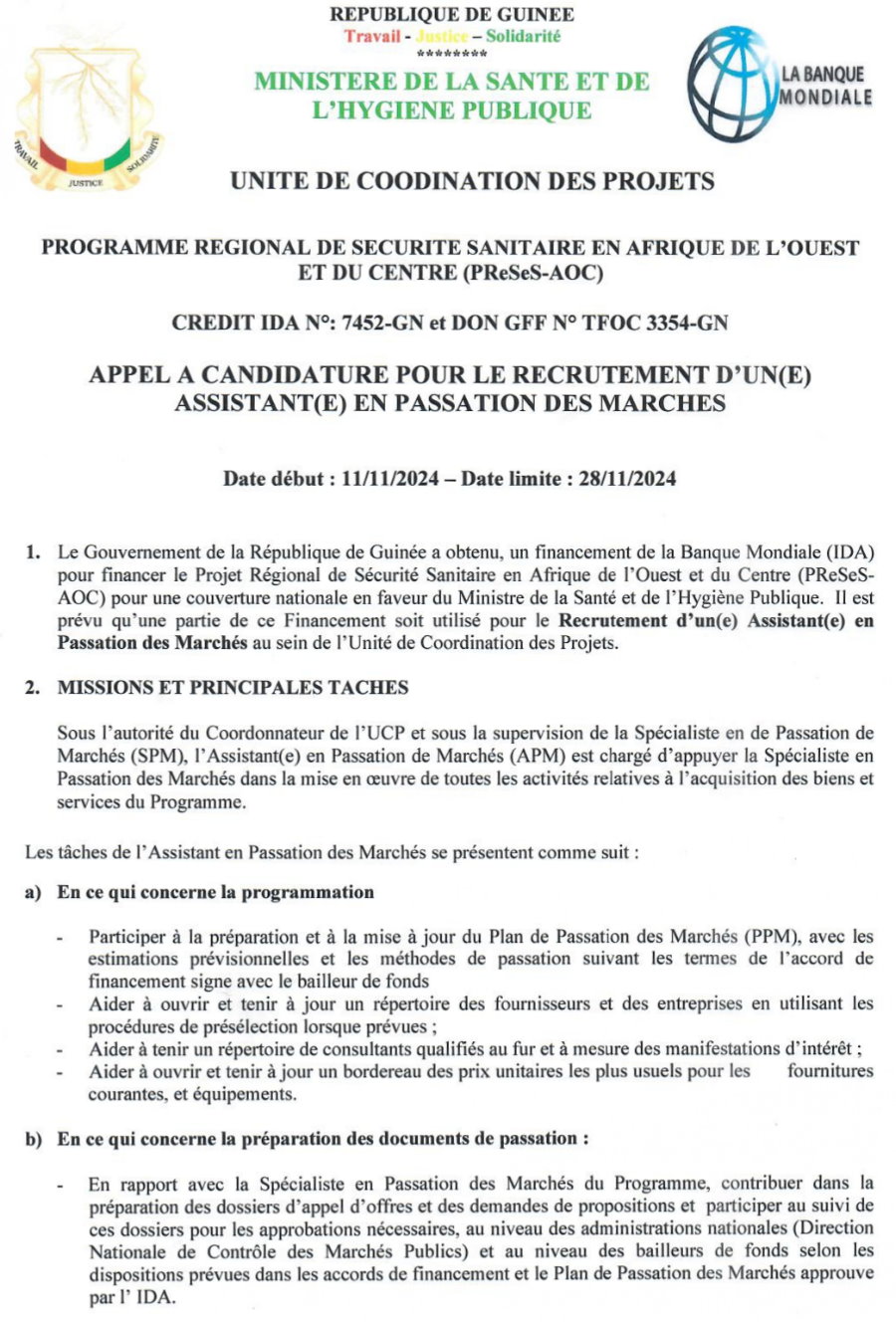 PReSeS-AOC : Appel A Candidature Pour Le Recrutement D’un(E) Assistant(E) En Passation Des Marches | Page 1