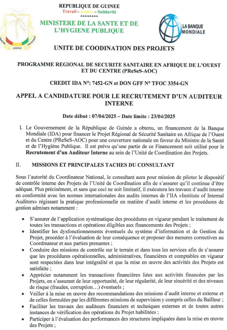Appel a candidature pour le recrutement d’un auditeur interne | Page 1
