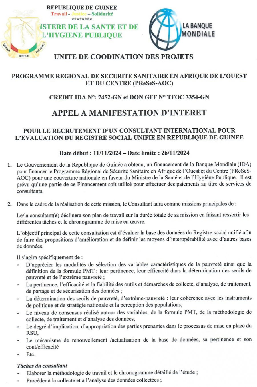 Recrutement D’un Consultant International Pour L’évaluation Du Registre Social Unifie En République De Guinée | Page 1