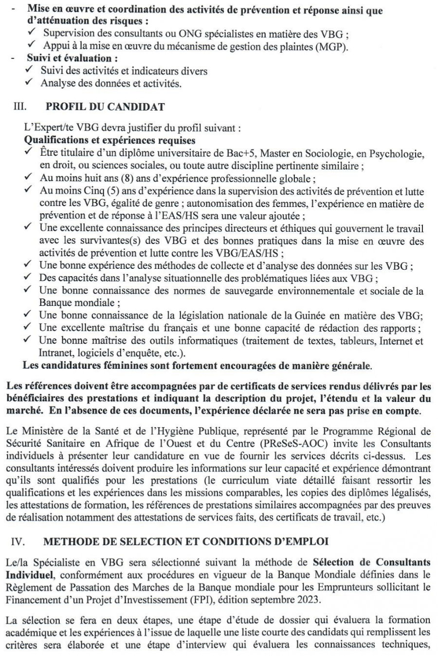 APPEL A CANDIDATURE POUR LE RECRUTEMENT D’UN (E) SPÉCIALISTE CHARGÉ (E) DE LA LUTTE CONTRE LES VIOLENCES BASÉES SUR LE GENRE, EXPLOITATION, ABUS SEXUEL ET HARCÈLEMENT SEXUEL (VBG/EAS/HS) | Page 2