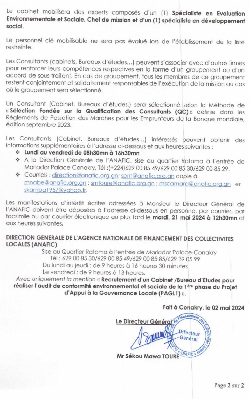 Appel à Manifestations d’Intérêt pour le Recrutement d’un Cabinet /Bureau d’Etudes pour réaliser l’audit de conformité environnemental et sociale de la 1 ère phase du Projet d’Appui à la Gouvernance Locale (PAGL1) | Page 2