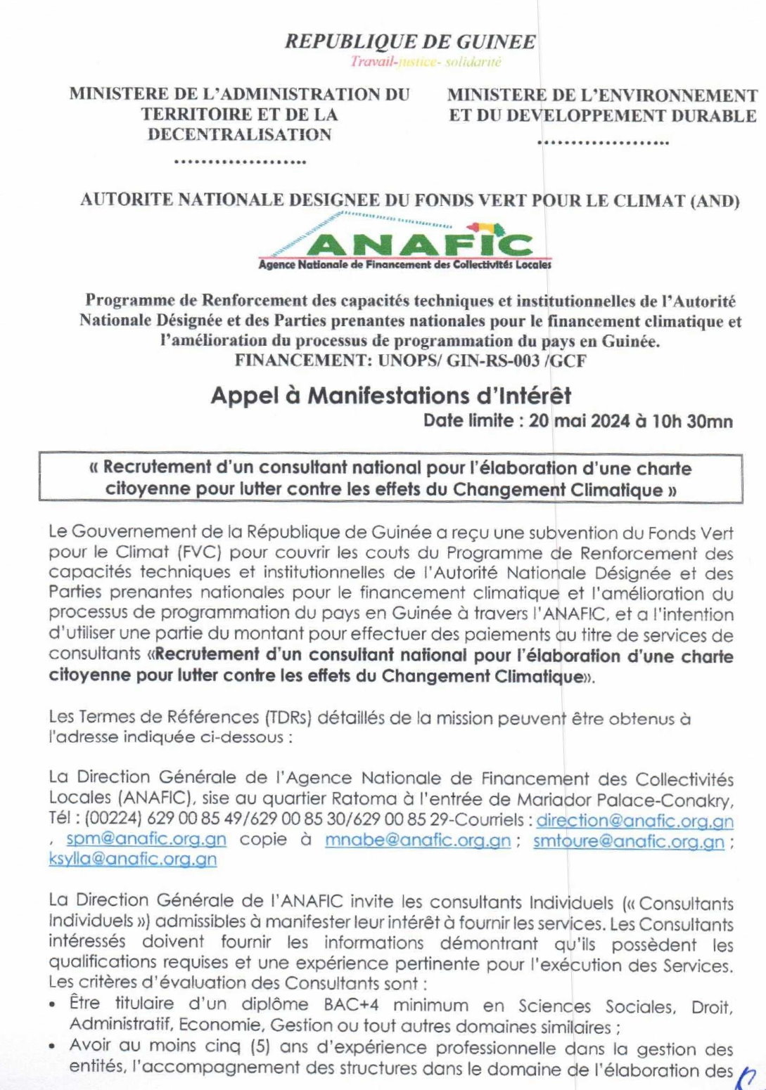 Appel à Manifestations d’Intérêt pour le Recrutement d’un consultant national pour l’élaboration d’une charte citoyenne pour lutter contre les effets du Changement Climatique | Page 1