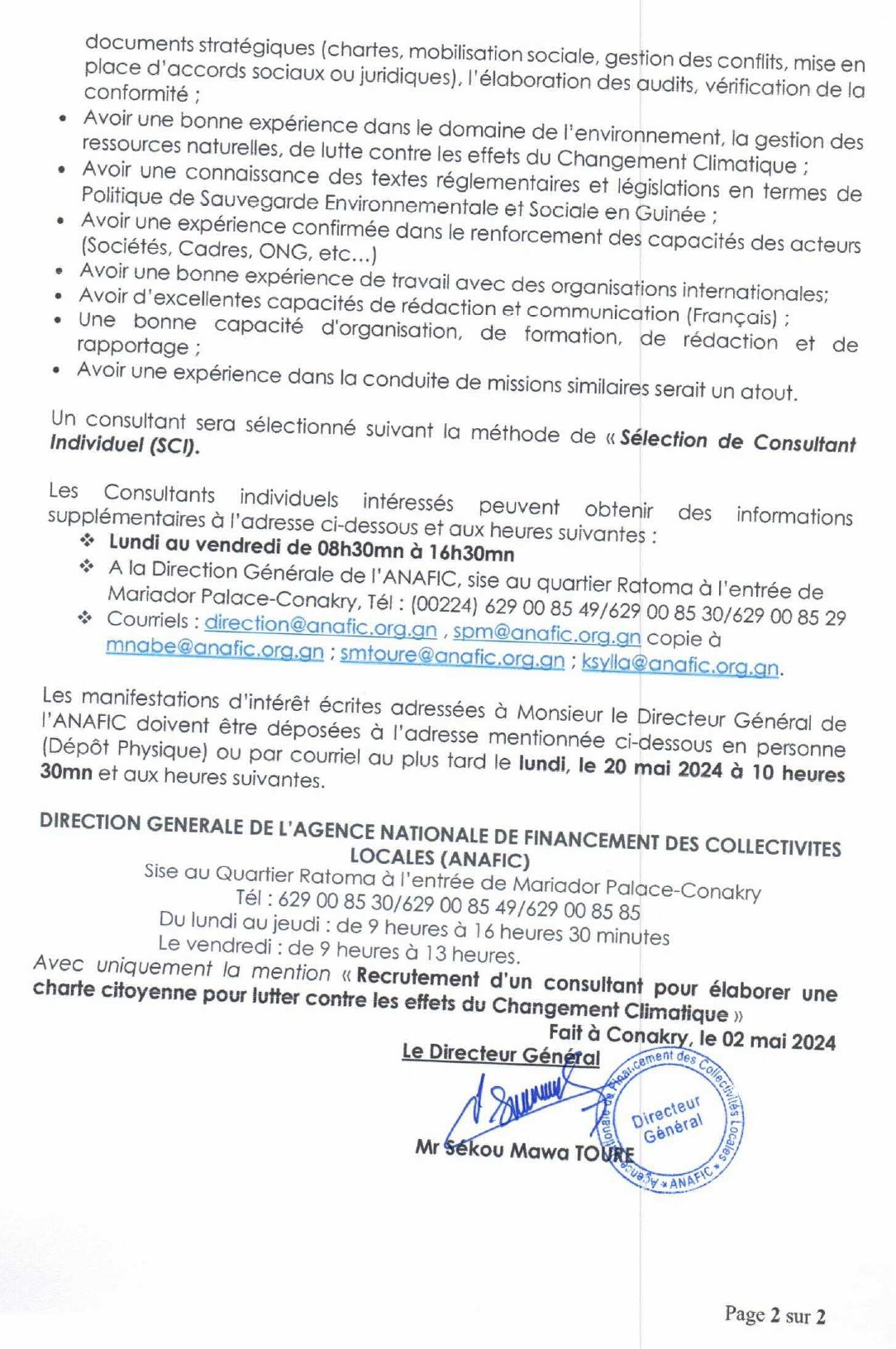 Appel à Manifestations d’Intérêt pour le Recrutement d’un consultant national pour l’élaboration d’une charte citoyenne pour lutter contre les effets du Changement Climatique | Page 2