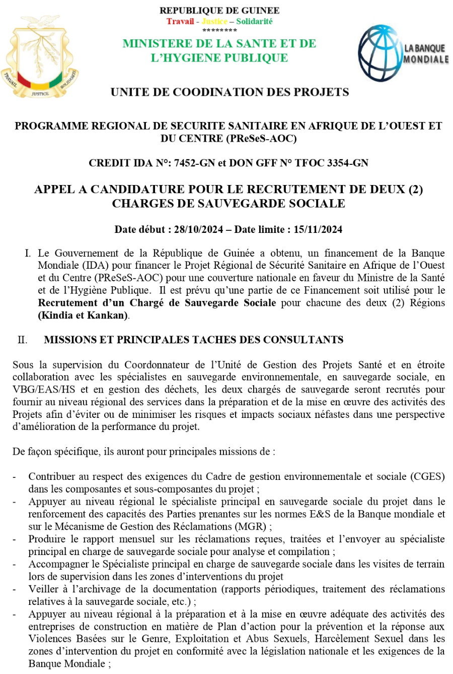 APPEL A CANDIDATURE POUR LE RECRUTEMENT DE DEUX (2) CHARGES DE SAUVEGARDE SOCIALE | Page 1