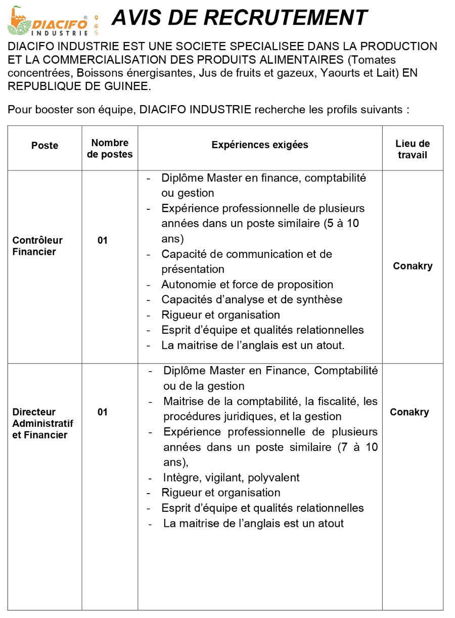 Recrutement De Plusieurs Postes (Contrôleur Financier, Directeur Administratif et Financier, Chef Comptable, Directeur Logistique...) | page 1