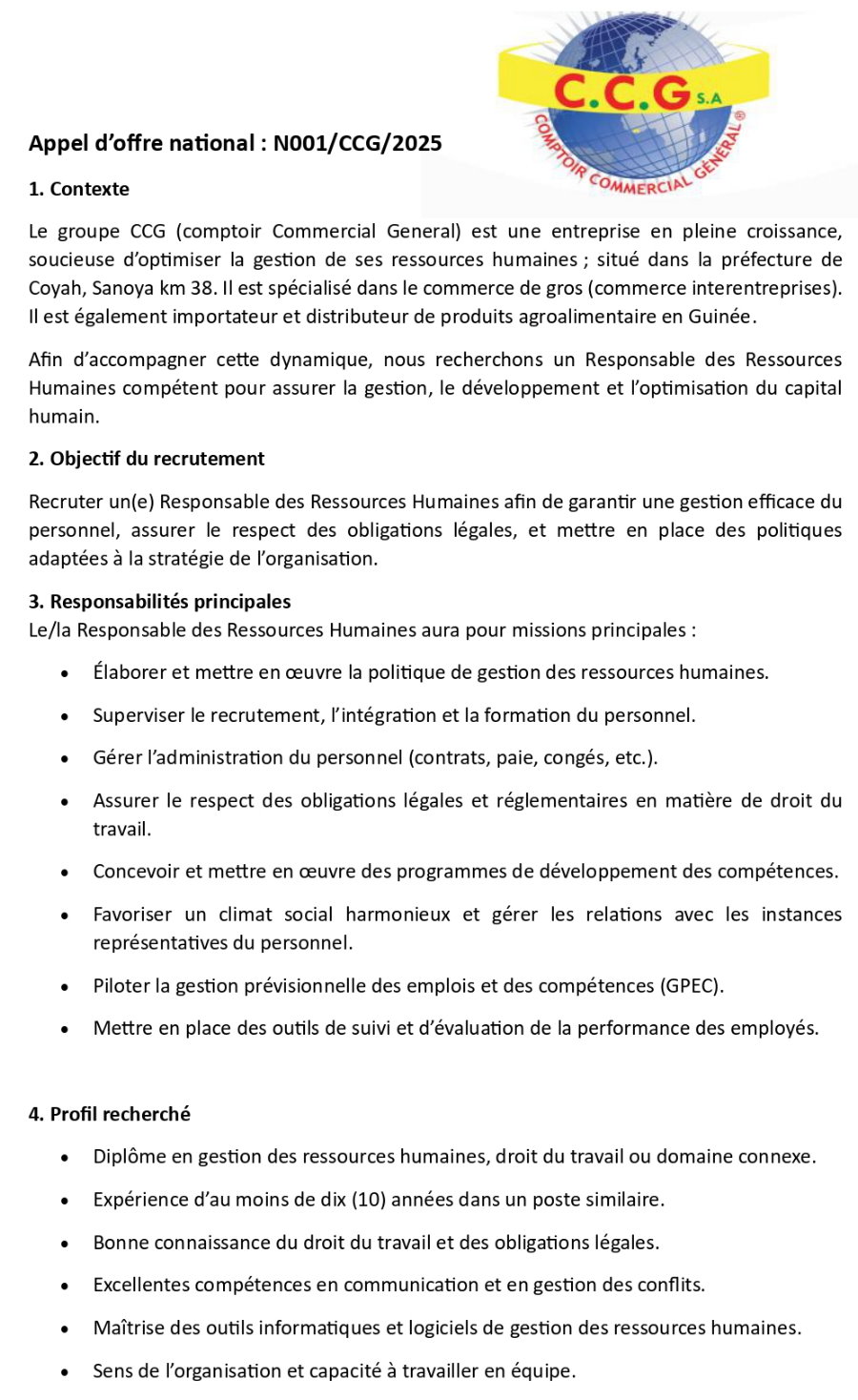 Appel d’offre national pour le recrutement d'un Responsable des Ressources Humaines compétent | Page 1