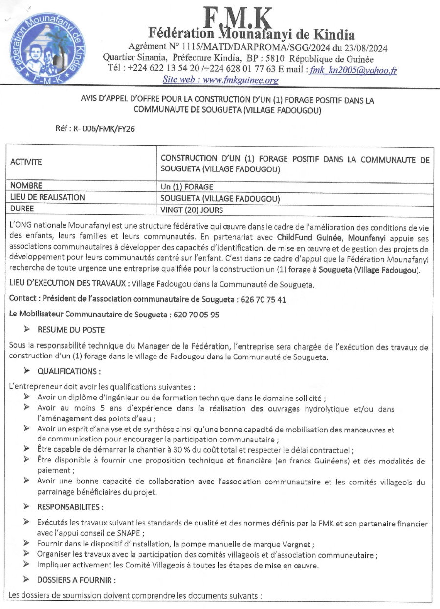 AVIS D’APPEL D’OFFRE POUR LA CONSTRUCTION D’UN (1) FORAGE POSITIF DANS LA COMMUNAUTE DE SOUGUETA (VILLAGE FADOUGOU) | Page 1