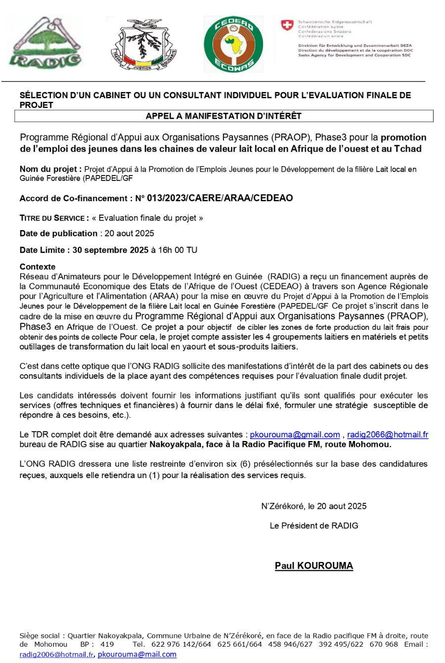 APPEL A MANIFESTATION D’INTÉRÊT POUR LA SÉLECTION D’UN CABINET OU UN CONSULTANT INDIVIDUEL POUR L’EVALUATION FINALE DE PROJET | PAGE 1
