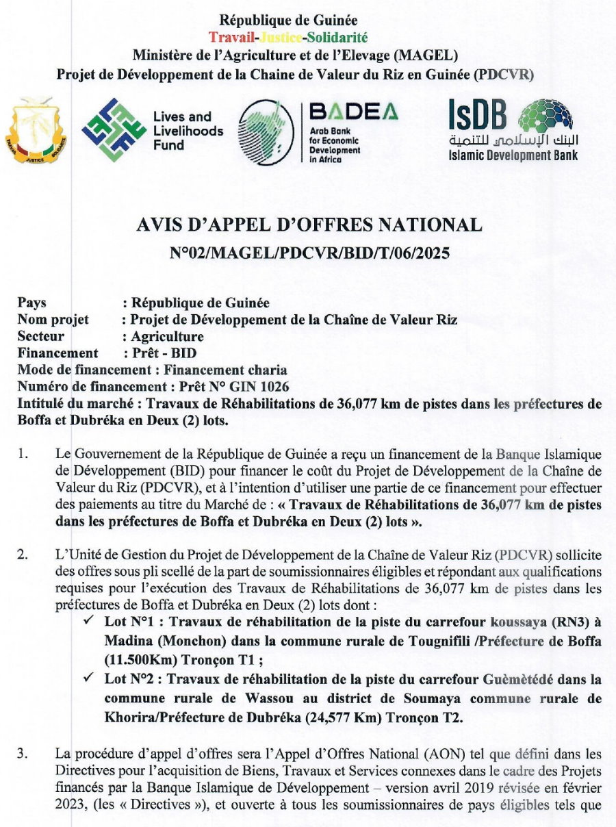 Avis d'appel d'offres national pour des Travaux de Réhabilitations de 36,077 km de pistes dans les préfectures de Boffa et Dubréka en Deux (2) lots | Page 1