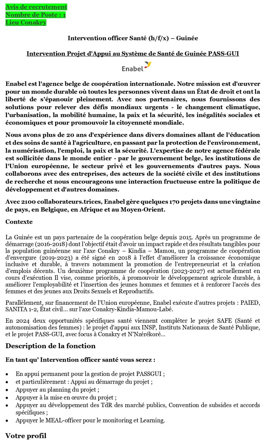 Avis de recrutement d'un Intervention officer Santé (h/f/x) – Guinée | Page 1