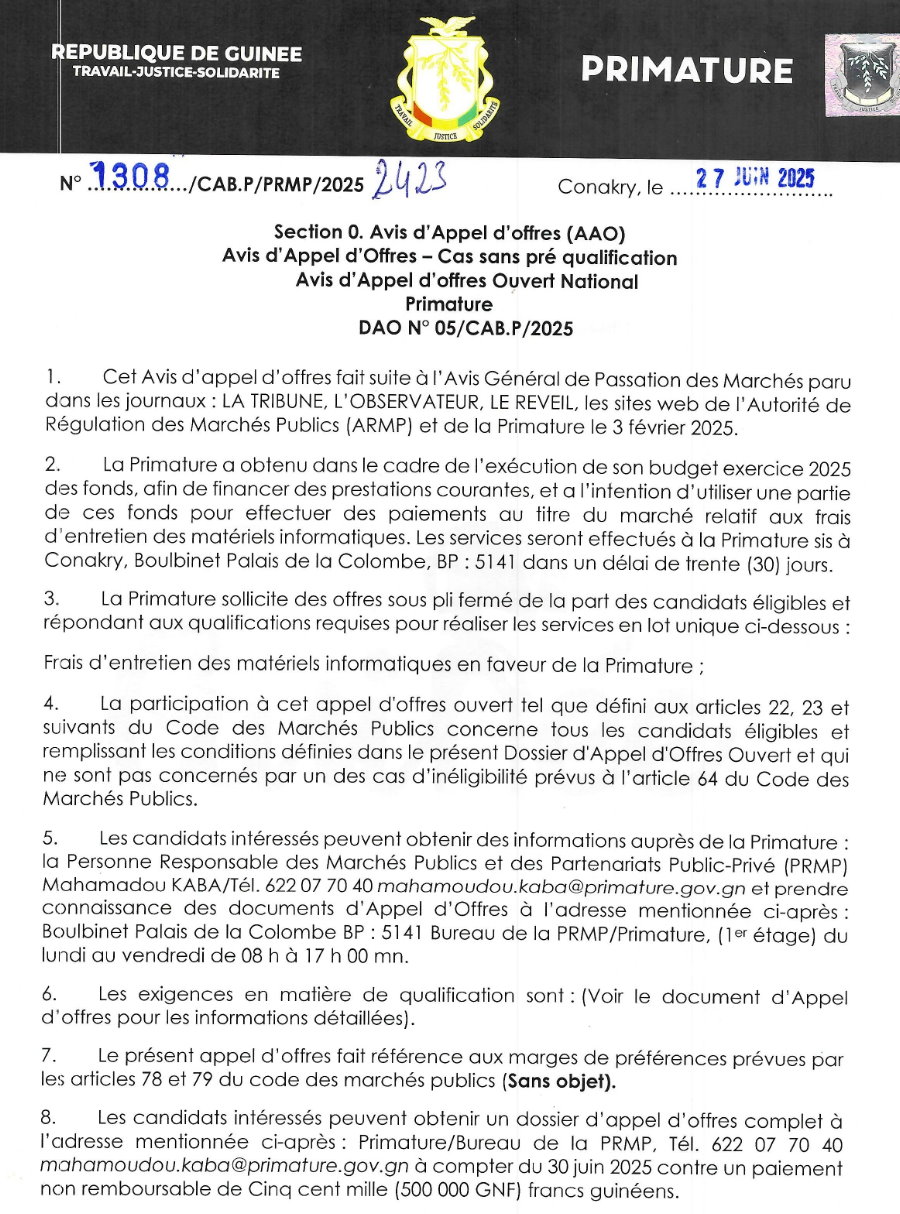 Avis d'appel d'offres pour le marché relatif aux frais d'entretien des matériels informatiques | Page 1