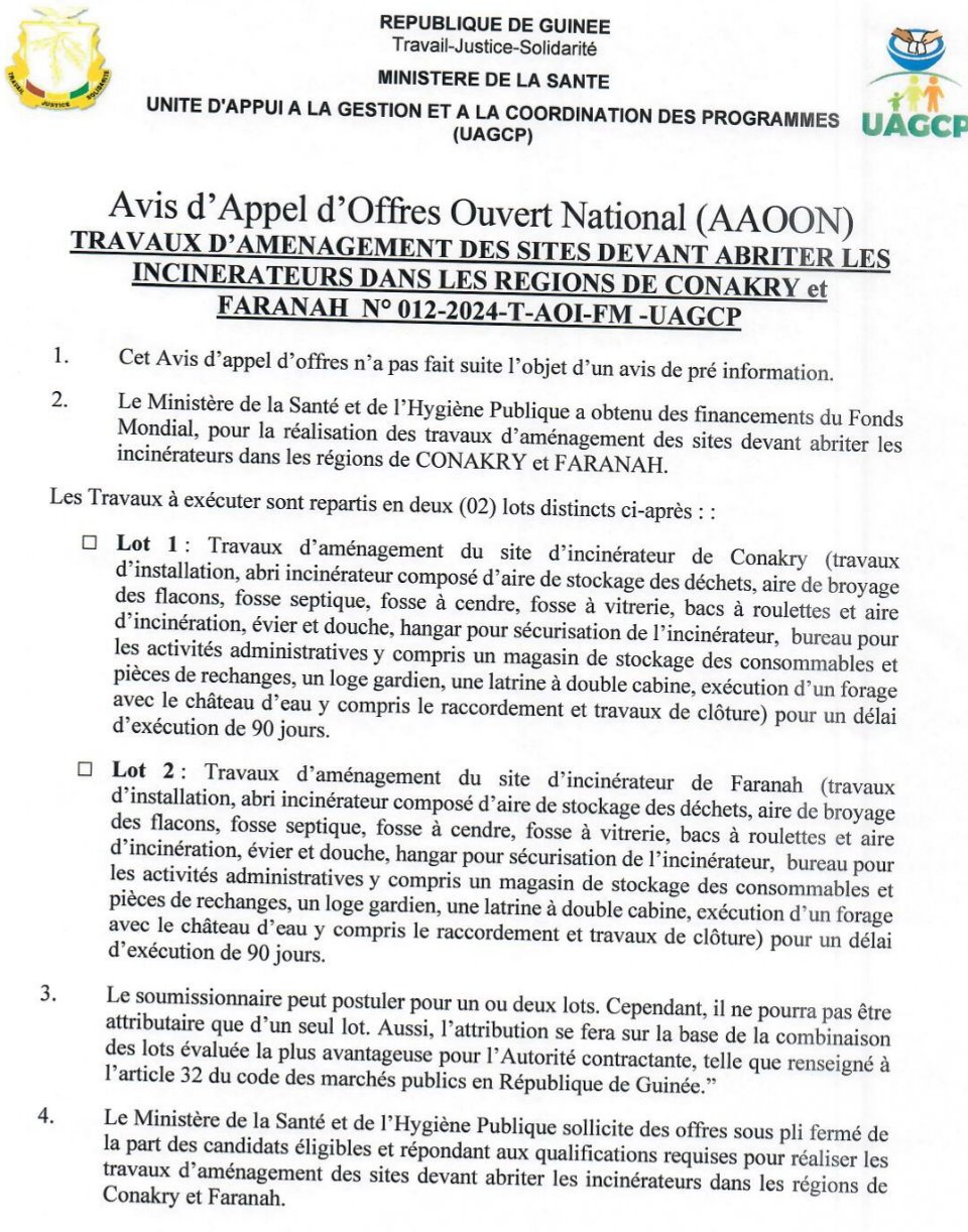 Avis d’Appel d’Offres Ouvert National (AAOON) Pour Des TRAVAUX D’AMENAGEMENT DES SITES DEVANT ABRITER LES INCINERATEURS DANS LES REGIONS DE CONAKRY et FARANAH | Page 1