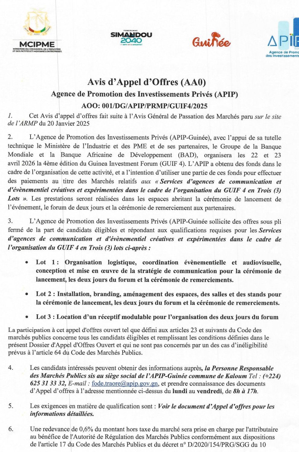 Services d'agences de communication et d'évènementiel créatives et expérimentées dans le cadre de l'organisation du GUIF 4 en Trois (3) Lots  | Page 1