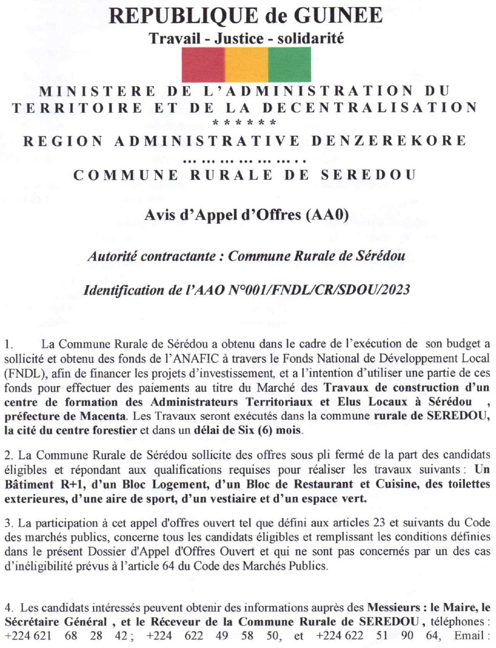 Marché des Travaux de construction d'un centre de formation des Administrateurs Territoriaux et Elus Locaux à Sérédou , préfecture de Macenta | page 1