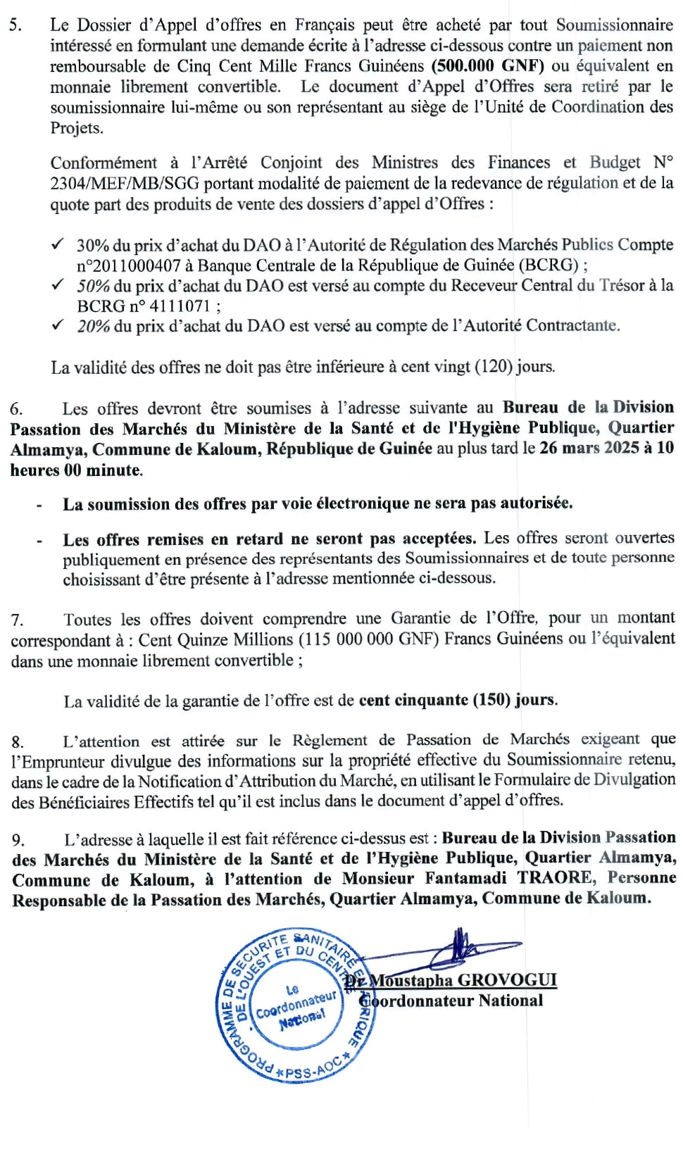 Avis d'appel d'offres pour la Fourniture des médicaments et consommables pour les CT-EPI de Nongo, Boké, Kindia, Mamou, Labé, Kankan, Faranah et N’Zérékoré | page 2