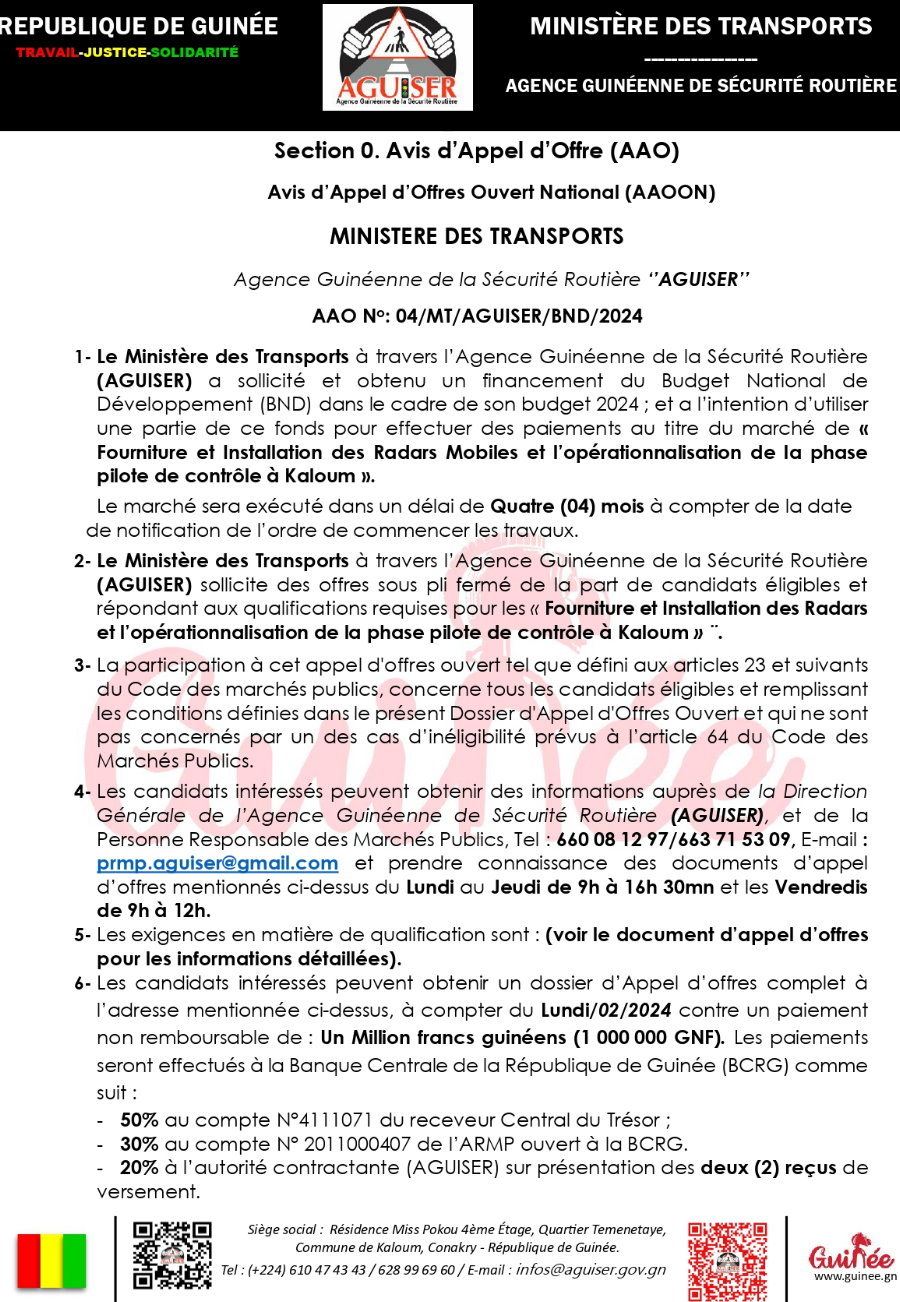 Avis d'appel d'offres pour le marché de « Fourniture et Installation des Radars Mobiles et l’opérationnalisation de la phase pilote de contrôle à Kaloum » | Page 1